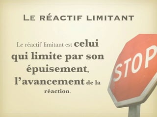 Le réactif limitant
celui
qui limite par son
épuisement,
l’avancement de la
Le réactif limitant est

réaction.

 