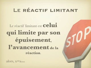 Le réactif limitant
celui
qui limite par son
épuisement,
l’avancement de la
Le réactif limitant est

réaction.
alors, x=xmax

 