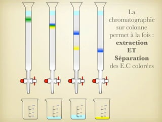 La
chromatographie
sur colonne
permet à la fois :
extraction
ET
Séparation
des E.C colorées

 