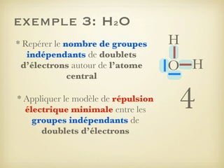 exemple 3: H2O
* Repérer le nombre de groupes
indépendants de doublets
d’électrons autour de l’atome
central
* Appliquer le modèle de répulsion
électrique minimale entre les
groupes indépendants de
doublets d’électrons

H
O H

4

 