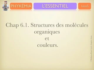L’ESSENTIEL

1èreS

Chap 6.1. Structures des molécules
organiques
et
couleurs.

P. Bellanca-Penel, Lycée Ampère, Lyon

PHYKÊMIA

 