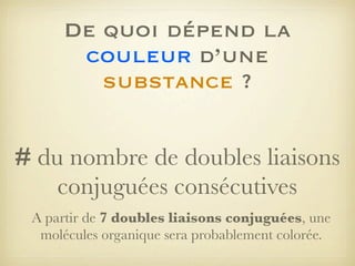 De quoi dépend la
couleur d’une
substance ?
# du nombre de doubles liaisons
conjuguées consécutives
A partir de 7 doubles liaisons conjuguées, une
molécules organique sera probablement colorée.

 