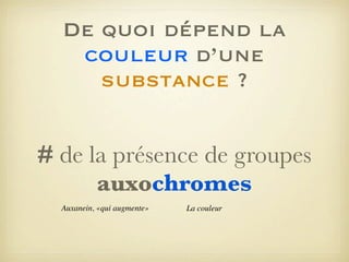 De quoi dépend la
couleur d’une
substance ?
# de la présence de groupes
auxochromes
Auxanein, «qui augmente»

La couleur

 