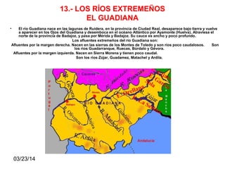 03/23/14
13.- LOS RÍOS EXTREMEÑOS
EL GUADIANA
• El río Guadiana nace en las lagunas de Ruidera, en la provincia de Ciudad Real, desaparece bajo tierra y vuelve
a aparecer en los Ojos del Guadiana y desemboca en el océano Atlántico por Ayamonte (Huelva). Atraviesa el
norte de la provincia de Badajoz, y pasa por Mérida y Badajoz. Su cauce es ancho y poco profundo.
Los afluentes extremeños del río Guadiana son:
Afluentes por la margen derecha. Nacen en las sierras de los Montes de Toledo y son ríos poco caudalosos. Son
los ríos Guadarranque, Ruecas, Búrdalo y Gévora.
Afluentes por la margen izquierda. Nacen en Sierra Morena y tienen poco caudal.
Son los ríos Zújar, Guadamez, Matachel y Ardila.
 