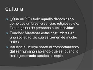 Cultura
 ¿Qué es ? Es todo aquello denominado
como costumbres, creencias religiosas etc.
De un grupo de personas o un individuo.
 Función: Mantener estas costumbres en
una sociedad las cuales vienen de mucho
antes.
 Influencia: Influye sobre el comportamiento
del ser humano sabiendo que es bueno o
malo generando conducta propia.
 