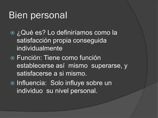 Bien personal
 ¿Qué es? Lo definiríamos como la
satisfacción propia conseguida
individualmente
 Función: Tiene como función
establecerse así mismo superarse, y
satisfacerse a si mismo.
 Influencia: Solo influye sobre un
individuo su nivel personal.
 