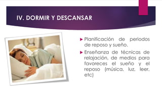 IV. DORMIR Y DESCANSAR
 Planificación de periodos
de reposo y sueño.
 Enseñanza de técnicas de
relajación, de medios para
favoreces el sueño y el
reposo (música, luz, leer,
etc)
 