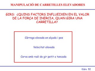 MANIPULACIÓ DE CARRETILLES ELEVADORES
GIRS: ¿QUINS FACTORS INFLUEIXEN EN EL VALOR
DE LA FORÇA DE INERCIA, QUAN GIRA UNA
CARRETILLA?
Girs 52
Càrrega elevada en alçada i pes
Velocitat elevada
Corva amb radi de gir petit o tancada
 