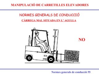 MANIPULACIÓ DE CARRETILLES ELEVADORES
NORMES GENERALS DE CONDUCCIÓ
Normes generals de conducció 55
CÀRREGA MAL SITUADA EN L’ AGULLA
NO
 
