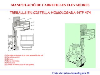 MANIPULACIÓ DE CARRETILLES ELEVADORES
TREBALLS EN CISTELLA HOMOLOGADA-NTP 474
Cesta elevadora homologada 38
(1) Pantalla protectora de la zona accessible del pal
(2) Panell de control
(3) Baranes
(4) Barra intermèdia
(5) Roda peus
(6) Canals de introducció de les agulles
 