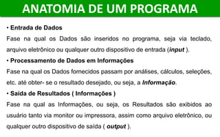 ANATOMIA DE UM PROGRAMA
• Entrada de Dados
Fase na qual os Dados são inseridos no programa, seja via teclado,
arquivo eletrônico ou qualquer outro dispositivo de entrada (input ).
• Processamento de Dados em Informações
Fase na qual os Dados fornecidos passam por análises, cálculos, seleções,
etc. até obter- se o resultado desejado, ou seja, a Informação.
• Saída de Resultados ( Informações )
Fase na qual as Informações, ou seja, os Resultados são exibidos ao
usuário tanto via monitor ou impressora, assim como arquivo eletrônico, ou
qualquer outro dispositivo de saída ( output ).
 