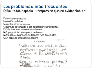 Los problemas más frecuentes
Dificultades espacio – temporales que se evidencian en:
inversión de sílabas
omisión de letras
escribir letras en espejo
escritura continuada o con separaciones incorrectas.
Dificultad para encolumnar números
Superposición y traspasos de líneas
Abundantes espacios en blancos mas distribuidos.
En algunos casos letra pequeña
 