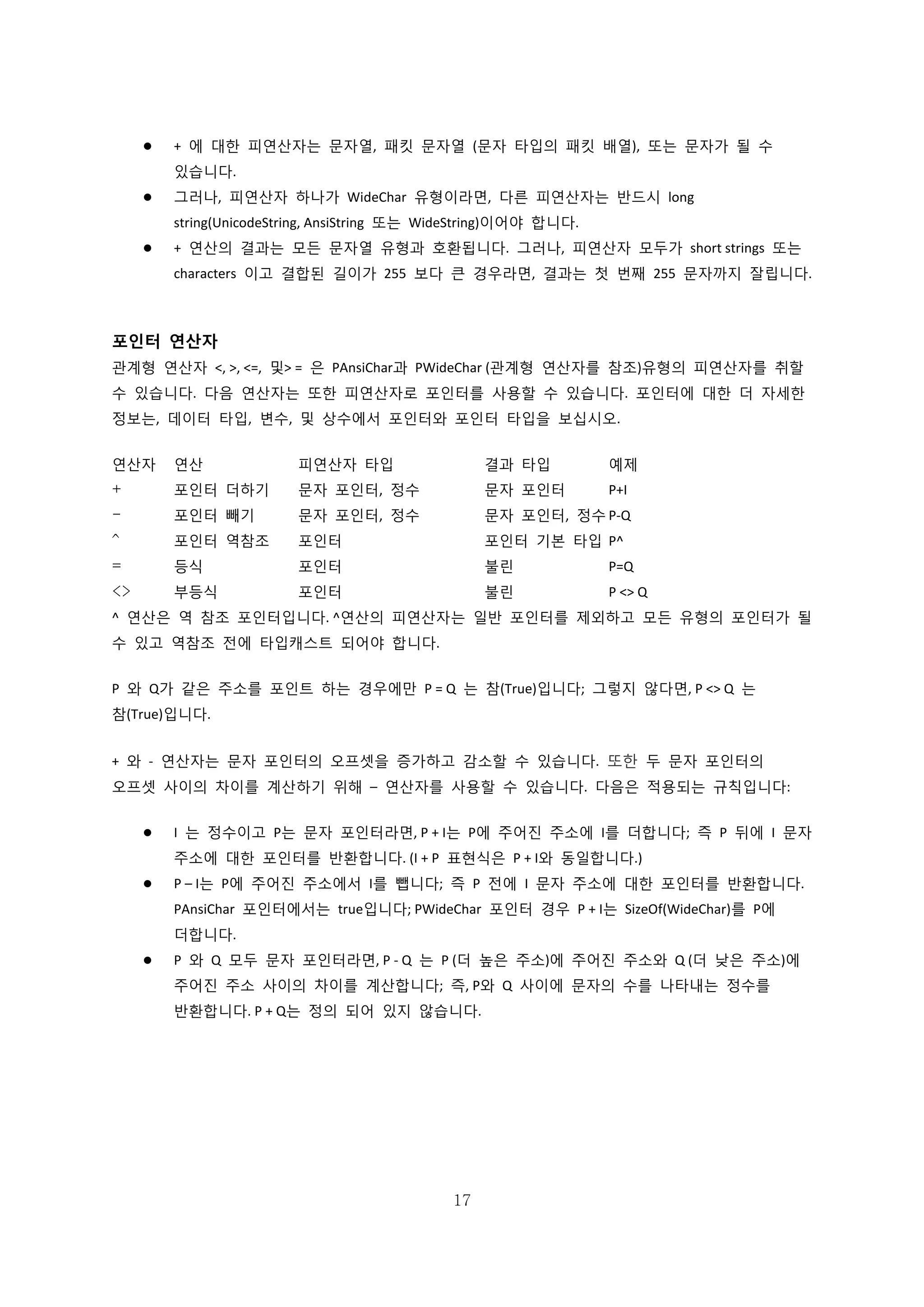 17
 + 에 대한 피연산자는 문자열, 패킷 문자열 (문자 타입의 패킷 배열), 또는 문자가 될 수
있습니다.
 그러나, 피연산자 하나가 WideChar 유형이라면, 다른 피연산자는 반드시 long
string(UnicodeString, AnsiString 또는 WideString)이어야 합니다.
 + 연산의 결과는 모든 문자열 유형과 호환됩니다. 그러나, 피연산자 모두가 short strings 또는
characters 이고 결합된 길이가 255 보다 큰 경우라면, 결과는 첫 번째 255 문자까지 잘립니다.
포인터 연산자
관계형 연산자 <, >, <=, 및> = 은 PAnsiChar과 PWideChar (관계형 연산자를 참조)유형의 피연산자를 취할
수 있습니다. 다음 연산자는 또한 피연산자로 포인터를 사용할 수 있습니다. 포인터에 대한 더 자세한
정보는, 데이터 타입, 변수, 및 상수에서 포인터와 포인터 타입을 보십시오.
연산자 연산 피연산자 타입 결과 타입 예제
+ 포인터 더하기 문자 포인터, 정수 문자 포인터 P+I
- 포인터 빼기 문자 포인터, 정수 문자 포인터, 정수 P-Q
^ 포인터 역참조 포인터 포인터 기본 타입 P^
= 등식 포인터 불린 P=Q
<> 부등식 포인터 불린 P <> Q
^ 연산은 역 참조 포인터입니다. ^연산의 피연산자는 일반 포인터를 제외하고 모든 유형의 포인터가 될
수 있고 역참조 전에 타입캐스트 되어야 합니다.
P 와 Q가 같은 주소를 포인트 하는 경우에만 P = Q 는 참(True)입니다; 그렇지 않다면, P <> Q 는
참(True)입니다.
+ 와 - 연산자는 문자 포인터의 오프셋을 증가하고 감소할 수 있습니다. 또한 두 문자 포인터의
오프셋 사이의 차이를 계산하기 위해 – 연산자를 사용할 수 있습니다. 다음은 적용되는 규칙입니다:
 I 는 정수이고 P는 문자 포인터라면, P + I는 P에 주어진 주소에 I를 더합니다; 즉 P 뒤에 I 문자
주소에 대한 포인터를 반환합니다. (I + P 표현식은 P + I와 동일합니다.)
 P – I는 P에 주어진 주소에서 I를 뺍니다; 즉 P 전에 I 문자 주소에 대한 포인터를 반환합니다.
PAnsiChar 포인터에서는 true입니다; PWideChar 포인터 경우 P + I는 SizeOf(WideChar)를 P에
더합니다.
 P 와 Q 모두 문자 포인터라면, P - Q 는 P (더 높은 주소)에 주어진 주소와 Q (더 낮은 주소)에
주어진 주소 사이의 차이를 계산합니다; 즉, P와 Q 사이에 문자의 수를 나타내는 정수를
반환합니다. P + Q는 정의 되어 있지 않습니다.
 