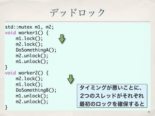 std::mutex m1, m2; 
void worker1() { 
m1.lock(); 
m2.lock(); 
DoSomethingA(); 
m2.unlock(); 
m1.unlock(); 
} 
void worker2() { 
m2.lock(); 
m1.lock(); 
DoSomethingB(); 
m1.unlock(); 
m2.unlock(); 
} 
デッドロック 
45 
タイミングが悪いことに、 
2つのスレッドがそれぞれ 
最初のロックを確保すると 
 