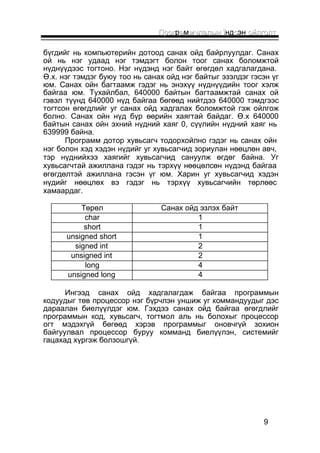 ППрроогграамммччллааллыынн їїндссэн ооййллггооллтт 
бүгдийг нь компьютерийн дотоод санах ойд байрлуулдаг. Санах 
ой нь нэг удаад нэг тэмдэгт болон тоог санах боломжтой 
нүднүүдээс тогтоно. Нэг нүдэнд нэг байт өгөгдөл хадгалагдана. 
Ө.х. нэг тэмдэг буюу тоо нь санах ойд нэг байтыг эзэлдэг гэсэн үг 
юм. Санах ойн багтаамж гэдэг нь энэхүү нүднүүдийн тоог хэлж 
байгаа юм. Тухайлбал, 640000 байтын багтаамжтай санах ой 
гэвэл түүнд 640000 нүд байгаа бөгөөд нийтдээ 640000 тэмдгээс 
тогтсон өгөгдлийг уг санах ойд хадгалах боломжтой гэж ойлгож 
болно. Санах ойн нүд бүр өөрийн хаягтай байдаг. Ө.х 640000 
байтын санах ойн эхний нүдний хаяг 0, сүүлийн нүдний хаяг нь 
639999 байна. 
Программ дотор хувьсагч тодорхойлно гэдэг нь санах ойн 
нэг болон хэд хэдэн нүдийг уг хувьсагчид зориулан нөөцлөн авч, 
тэр нүднийхээ хаягийг хувьсагчид сануулж өгдөг байна. Уг 
хувьсагчтай ажиллана гэдэг нь тэрхүү нөөцөлсөн нүдэнд байгаа 
өгөгдөлтэй ажиллана гэсэн үг юм. Харин уг хувьсагчид хэдэн 
нүдийг нөөцлөх вэ гэдэг нь тэрхүү хувьсагчийн төрлөөс 
хамаардаг. 
9 
Төрөл Санах ойд эзлэх байт 
char 1 
short 1 
unsigned short 1 
signed int 2 
unsigned int 2 
long 4 
unsigned long 4 
Ингээд санах ойд хадгалагдаж байгаа программын 
кодуудыг төв процессор нэг бүрчлэн уншиж уг коммандуудыг дэс 
дараалан биелүүлдэг юм. Гэхдээ санах ойд байгаа өгөгдлийг 
программын код, хувьсагч, тогтмол аль нь болохыг процессор 
огт мэдэхгүй бөгөөд хэрэв программыг оновчгүй зохион 
байгуулвал процессор буруу комманд биелүүлэн, системийг 
гацахад хүргэж болзошгүй. 
 
