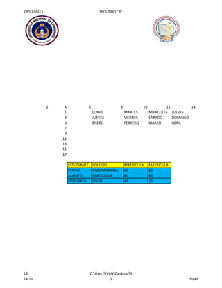 29/01/2015 SEGUNDO "B"
2 4 6 8 10 12 14
1 LUNES MARTES MIÉRCOLES JUEVES
3 JUEVES VIERNES SÁBADO DOMINGO
5 ENERO FEBRERO MARZO ABRIL
7
9
11
13
15
17
ESTUDIANTE COLEGIO MATRICULA MATRICULA
PEPITO FISCOMISIONAL 80 60
JUANITO PARTICULAR 80 80
JOSEFINITA FISCAL 45 25
13
14:11
C:UsersIVANDesktop5
5 Hoja1