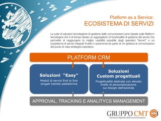 La suite di soluzioni tecnologiche di gestione delle comunicazioni sono basate sulla Platform
tecnologica che è al tempo stesso un aggregatore di funzionalità di gestione dei servizi che
permette di raggiungere la miglior usabilità possibile degli operatori “tecnici” e un
ecosistema di servizi integrati fruibili in autonomia da parte di chi gestisce le comunicazioni
dal punto di vista strategico-operativo.
Soluzioni “Easy”
Moduli di servizi End to End
erogati tramite piattaforma
Soluzioni
Custom progettuali
Progettualità dedicate con elevato
livello di personalizzazione
sui bisogni dell’azienda
 