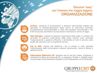 Archive: soluzione di archiviazione e gestione documentale digitale che
permette la dematerializzazione degli archivi di documenti aziendali.
Completamente personalizzabile in base alla tipologia documentale e dei
livelli di accesso permette la Conservazione sostitutiva a norma di legge.
Mail Manager: sistema di gestione organizzata della posta in entrata che
permette la gestione multi-utente degli stessi indirizzi mail, permette
l’organizzazione e gestione efficiente e controllata di mail di servizio come
quelle del customer care o di gestione tecnica.
Fax to Mail: modulo che trasforma i fax in entrata in mail, permette
l’ottimizzazione delle comunicazioni cartacee velocizzando i tempi di lettura e
gestione del fax.
Fatturazione Elettronica PA: soluzione end to end per inviare, monitorare e
conservare le fatture da inviare alla PA. La soluzione è fruibile in modalità online,
ma può essere anche facilmente integrata in cicli di fatturazione non PA strutturati.
 