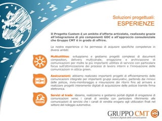 Il Progetto Custom è un ambito d’offerta articolato, realizzato grazie
all’integrazione di più componenti GDC e all’approccio consulenziale
che Gruppo CMT è in grado di offrire.
La nostra esperienza ci ha permesso di acquisire specifiche competenze in
diversi ambiti:
Multiutilities: sviluppiamo e gestiamo progetti complessi di document
composition, delivery multicanale, erogazione e archiviazione di
comunicazioni per molte la più importanti utilities di servizio con particolare
focus sull’ottimizzazione dei processi di lavoro interni e l’innovazione delle
comunicazioni in ottica green.
Assicurazioni: abbiamo realizzato importanti progetti di efficientamento delle
comunicazioni integrate per importanti gruppi assicurativi, partendo dai rinnovi
delle polizze, invio-monitoraggio e misurazione dei ritorni fino ad arrivare a
realizzare progetti interamente digitali di acquisizione delle polizze tramite firma
elettronica.
Servizi al trade: ideiamo, realizziamo e gestiamo portali digitali di erogazione di
comunicazioni verso i canali di vendita con particolare riferimento alle
comunicazioni di servizio che i canali di vendita erogano agli utilizzatori finali nel
settore del noleggio automotive.
 