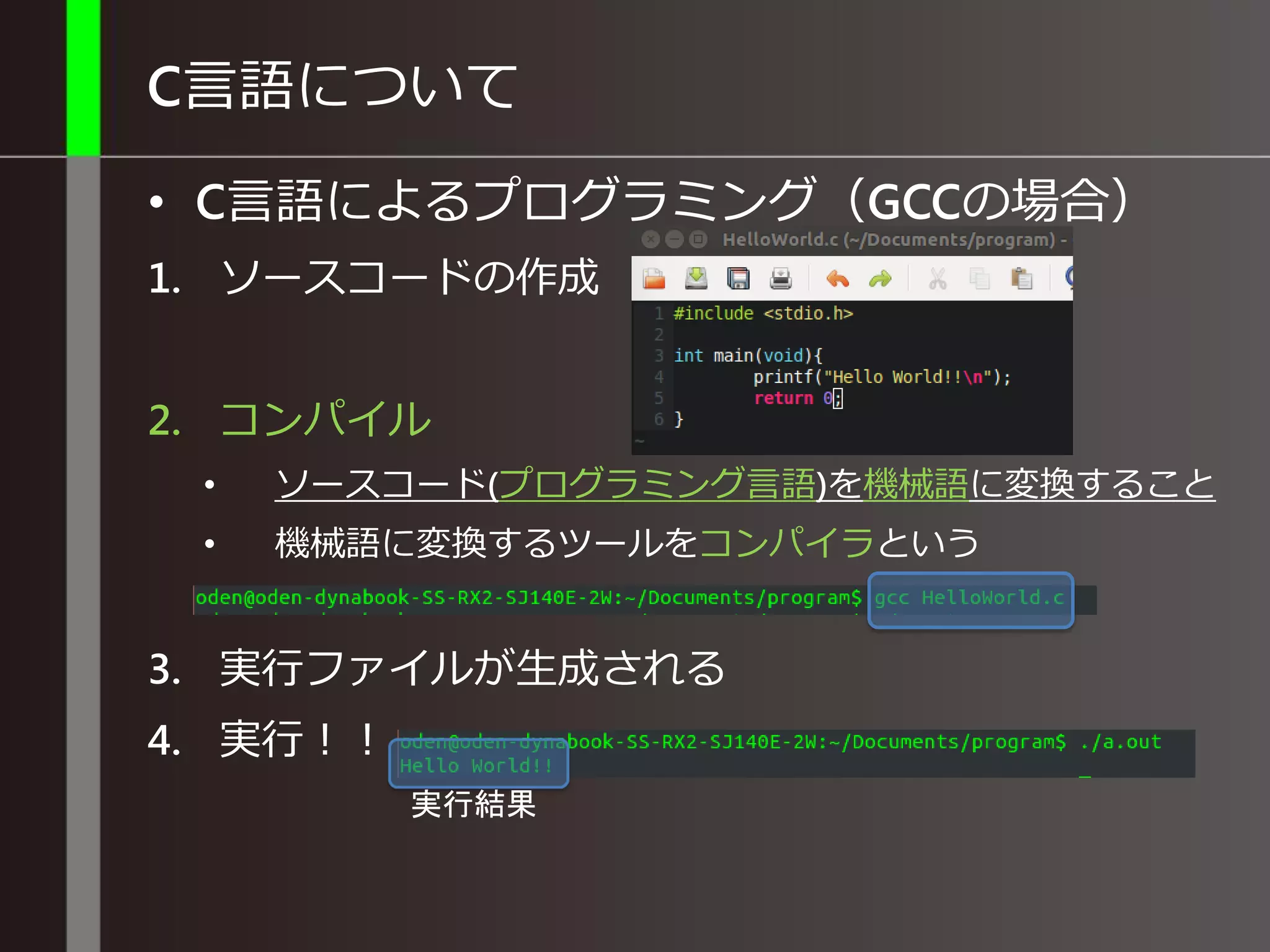 C言語について
• C言語によるプログラミング（GCCの場合）
1. ソースコードの作成
2. コンパイル
• ソースコード(プログラミング言語)を機械語に変換すること
• 機械語に変換するツールをコンパイラという
3. 実行ファイルが生成される
4. 実行！！
実行結果
 