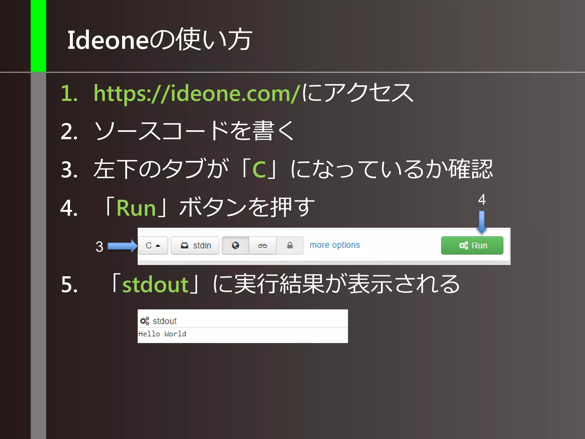 Ideoneの使い方
1. https://ideone.com/にアクセス
2. ソースコードを書く
3. 左下のタブが「C」になっているか確認
4. 「Run」ボタンを押す
5. 「stdout」に実行結果が表示される
3
4
 