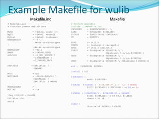 Example Makefile for wulib
# Project specific
include ../Makefile.inc
INCLUDES = ${WUINCLUDES} –I.
LIBS = ${WILIBS} ${OSLIBS}
CFLAGS = ${WUCLFAGS} –DWUDEBUG
CC = ${WUCC}
HDRS := util.h
CSRCS := testapp1.c testapp2.c
SRCS := util.c callout.c
COBJS = $(addprefix ${OBJDIR}/, 
$(patsubst %.c,%.o,$(CSRCS)))
OBJS = $(addprefix ${OBJDIR}/, 
$(patsubst %.c,%.o,$(SRCS)))
CMDS = $(addprefix ${OBJDIR}/, $(basename $(CSRCS)))
all : $(OBJDIR) $(CMDS)
install : all
$(OBJDIR) :
mkdir $(OBJDIR)
$(OBJS) $(COBJS) : ${OBJDIR}/%.o : %.c $(HDRS)
${CC} ${CFLAGS} ${INCLUDES} –o $@ -c $<
$(CMDS) : ${OBJDIR}/% : ${OBJDIR}/%.o $(OBJS)
${CC} ${CFLAGS} -o $@ $@.o ${LIBS}
chmod 0755 $@
clean :
/bin/rm -f $(CMDS) $(OBJS)
# Makefile.inc
# Contains common definitions
MyOS := $(shell uname -s)
MyID := $(shell whoami)
MyHost := $(shell hostname)
WARNSTRICT := -W 
-Wstrict-prototypes

-Wmissing-prototypes
WARNLIGHT := -Wall
WARN := ${WARNLIGHT}
ALLFLGS := -D_GNU_SOURCE 
-D_REENTRANT 
-D_THREAD_SAFE
APPCFLGS = $(ALLFLGS) 
$(WARN)
WUCC := gcc
WUCFLAGS := -DMyOS=$(MyOS) 
$(OSFLAGS) 
$(ALLFLGS) $(WARN)
WUINCLUDES :=
WULIBS := -lm
ifeq (${MyOS), SunOS)
OSLIBS+= -lrt
endif
Makefile.inc Makefile
 