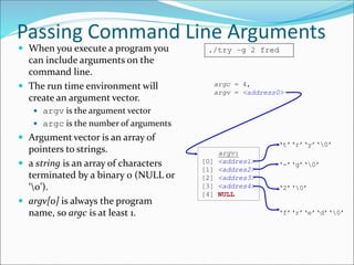 Passing Command Line Arguments
 When you execute a program you
can include arguments on the
command line.
 The run time environment will
create an argument vector.
 argv is the argument vector
 argc is the number of arguments
 Argument vector is an array of
pointers to strings.
 a string is an array of characters
terminated by a binary 0 (NULL or
‘0’).
 argv[0] is always the program
name, so argc is at least 1.
./try –g 2 fred
argc = 4,
argv = <address0>
‘t’‘r’‘y’‘0’
argv:
[0] <addres1>
[1] <addres2>
[2] <addres3>
[3] <addres4>
[4] NULL
‘-’‘g’‘0’
‘2’‘0’
‘f’‘r’‘e’‘d’‘0’
 