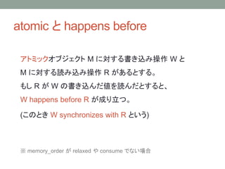 atomic  happens before
ȥߥå֥ M ˌz߲ W 
M ˌiz߲ R Ȥ롣
⤷ R  W ΕziȤȡ
W happens before R ɤġ
(ΤȤ W synchronizes with R Ȥ)
 memory_order  relaxed  consume Ǥʤ
 