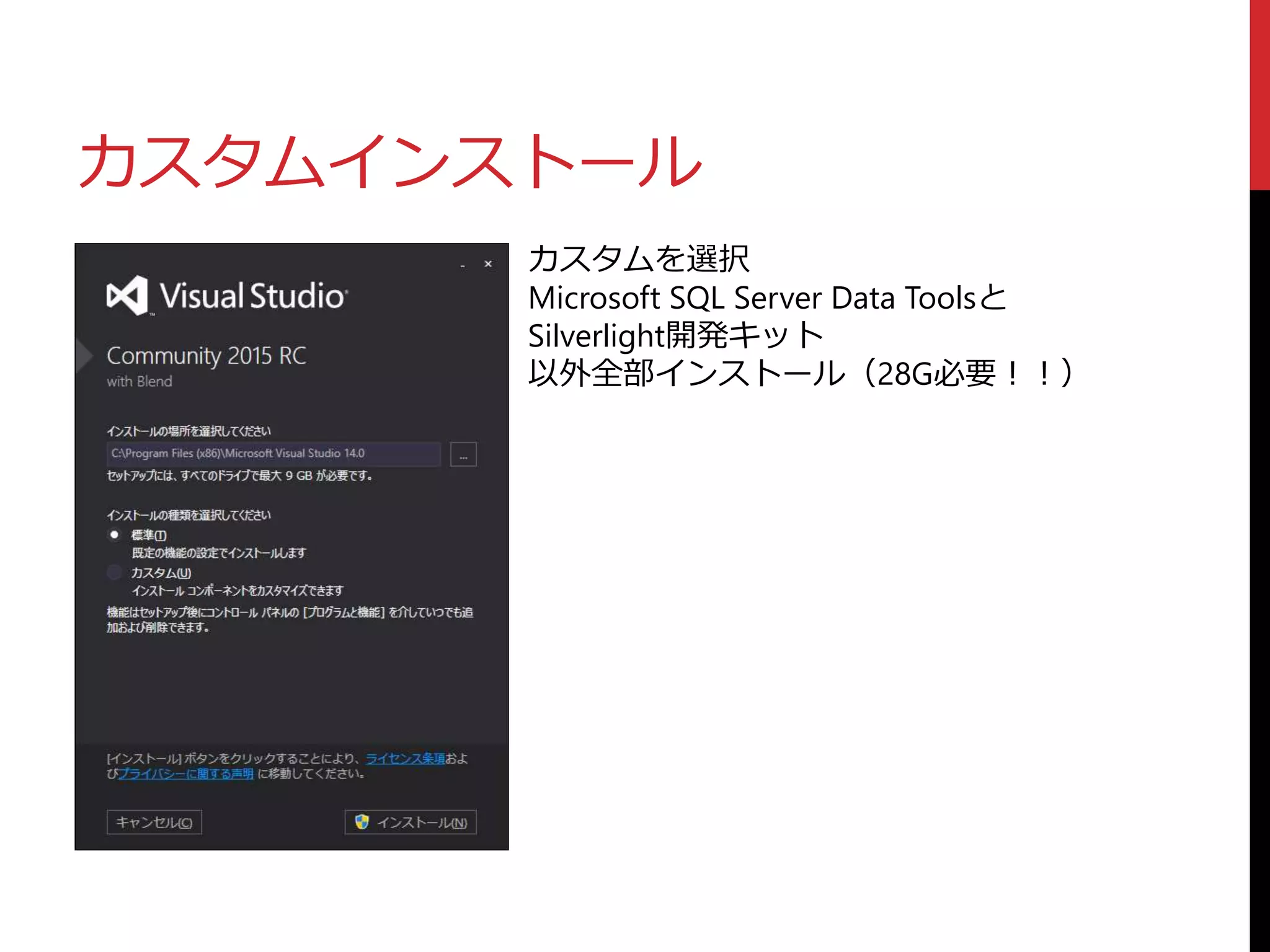 カスタムインストール
カスタムを選択
Microsoft SQL Server Data Toolsと
Silverlight開発キット
以外全部インストール（28G必要！！）
 