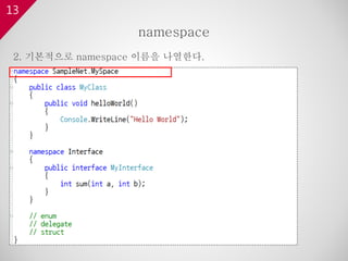 13
2. 기본적으로 namespace 이름을 나열한다.
namespace
 