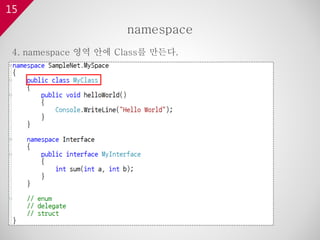 15
4. namespace 영역 안에 Class를 만든다.
namespace
 