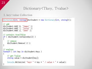 23
1. key-value Collection
Dictionary<Tkey, Tvalue>
 