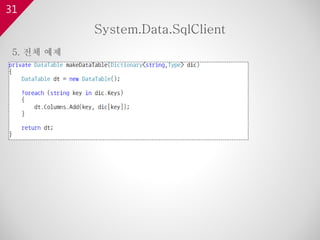 31
5. 전체 예제
System.Data.SqlClient
 
