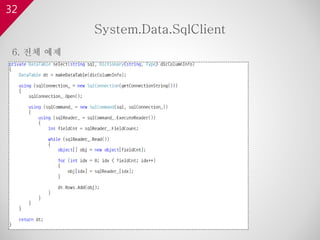 32
6. 전체 예제
System.Data.SqlClient
 