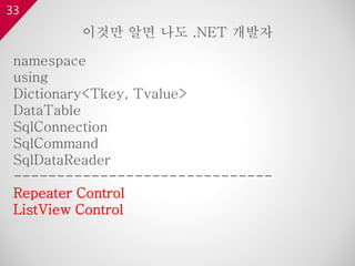33
namespace
using
Dictionary<Tkey, Tvalue>
DataTable
SqlConnection
SqlCommand
SqlDataReader
------------------------------
Repeater Control
ListView Control
이것만 알면 나도 .NET 개발자
 