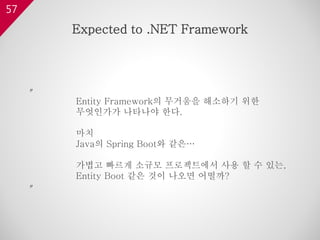57
〃
Entity Framework의 무거움을 해소하기 위한
무엇인가가 나타나야 한다.
마치
Java의 Spring Boot와 같은…
가볍고 빠르게 소규모 프로젝트에서 사용 할 수 있는,
Entity Boot 같은 것이 나오면 어떨까?
〃
Expected to .NET Framework
 