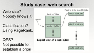Study case: web search
Web size?
Nobody knows it.
Classification?
Using PageRank.
QPS?
Not possible to
establish a priori
Logical view of a web index
 