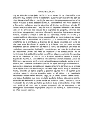 DIARIO ESCOLAR:
Hoy es miércoles 03 de junio del 2015, es mi tercer día de observación y me
encuentro muy contento como de costumbre, pues trabajaré nuevamente con los
niños. Llegué a las 7:45 a.m., me dirigí al aula como siempre para revisar si los niños
habían realizado el aseo, dadas las 8:00 a.m., sonó el timbre y los niños pasaron a
la formación, realizaron algunos ejercicios, al término se dirigieron al aula. El
profesor me pidió tomar lista. Después dictó 22 preguntas referentes a los temas
vistos en los primeros tres bloques de la asignatura de geografía, entre los más
importantes se encuentran: comparar información geográfica de mapas de escalas
mundial, nacional y estatal a partir de sus elementos, manejo de escala y la
representación de información gráfica y cartográfica, los movimientos de las placas
tectónicas con la sismicidad, el vulcanismo y la distribución del relieve; la
importancia de la distribución y dinámica de las aguas oceánicas, así como las
relaciones entre los climas, la vegetación y la fauna como procesos naturales
importantes para las condiciones de vida en la Tierra, las tendencias y los retos del
crecimiento, composición, distribución y movimientos, así como las implicaciones
del crecimiento urbano, las rutas de migración y las consecuencias de los
movimientos de la población mundial, con el fin de adquirir conciencia del espacio y
valorar su diversidad; al concluir con la actividad, los niños pasaron a revisar y
llegadas las 10:30 a.m., sonó el timbre y los alumnos salieron al receso. Dadas las
11:05 a.m., nuevamente sonó el timbre y los niños pasaron al aula, solicité al profr.
espacio para continuar con la resolución de las hojas de trabajo de matemáticas,
que como de costumbre se realizan en equipos; al término, continué con la entrega
de un tríptico acerca de las estrategias para leer mejor en voz alta y la importancia
misma, presenté un tríptico gigante y pasaron algunos niños al pizarrón para
participar anotando algunos aspectos vistos en el tríptico y la importancia
fundamental de ser buenos lectores; luego, leí un cuento titulado “Quino y Dino”,
una historia fantástica, que como producto quedaría de tarea elaborar un escrito,
separando los elementos o partes en que se divide un cuento, finalizando con la
recolección del producto que había quedado de tarea el día anterior. A las 12:35
p.m., continuó el profr. con el repaso comentado de las respuestas a las
interrogantes contestadas de geografía. Llegadas las 13:00 p.m., sonó el timbre y
los niños pasaron a comer.
 