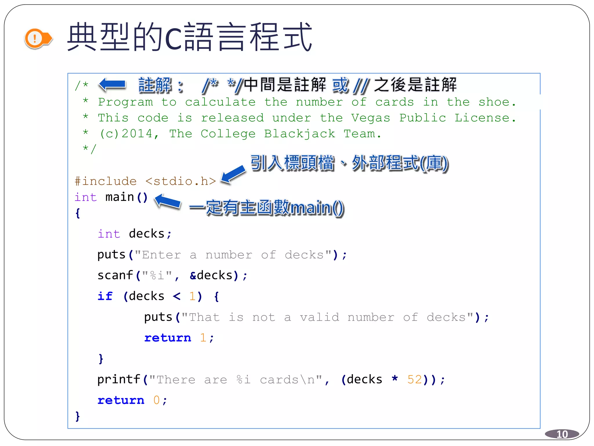 典型的C語言程式
/*
* Program to calculate the number of cards in the shoe.
* This code is released under the Vegas Public License.
* (c)2014, The College Blackjack Team.
*/
#include <stdio.h>
int main()
{
int decks;
puts("Enter a number of decks");
scanf("%i", &decks);
if (decks < 1) {
puts("That is not a valid number of decks");
return 1;
}
printf("There are %i cardsn", (decks * 52));
return 0;
}
10
 