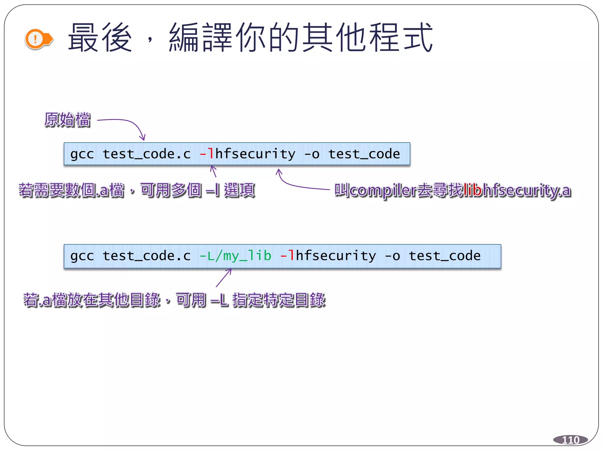 最後，編譯你的其他程式
gcc test_code.c -lhfsecurity -o test_code
gcc test_code.c -L/my_lib -lhfsecurity -o test_code
110
 