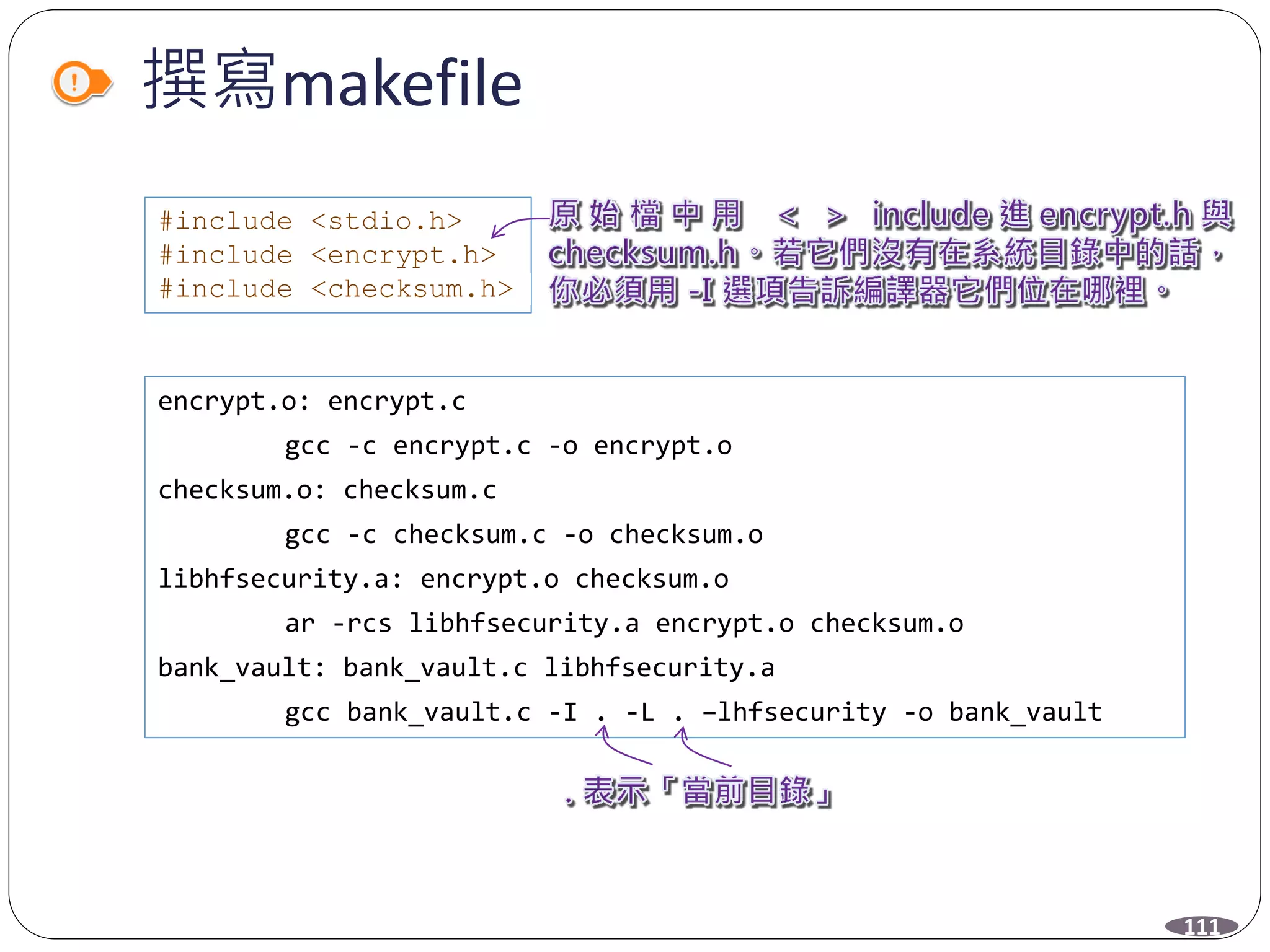 撰寫makefile
encrypt.o: encrypt.c
gcc -c encrypt.c -o encrypt.o
checksum.o: checksum.c
gcc -c checksum.c -o checksum.o
libhfsecurity.a: encrypt.o checksum.o
ar -rcs libhfsecurity.a encrypt.o checksum.o
bank_vault: bank_vault.c libhfsecurity.a
gcc bank_vault.c -I . -L . –lhfsecurity -o bank_vault
#include <stdio.h>
#include <encrypt.h>
#include <checksum.h>
111
 