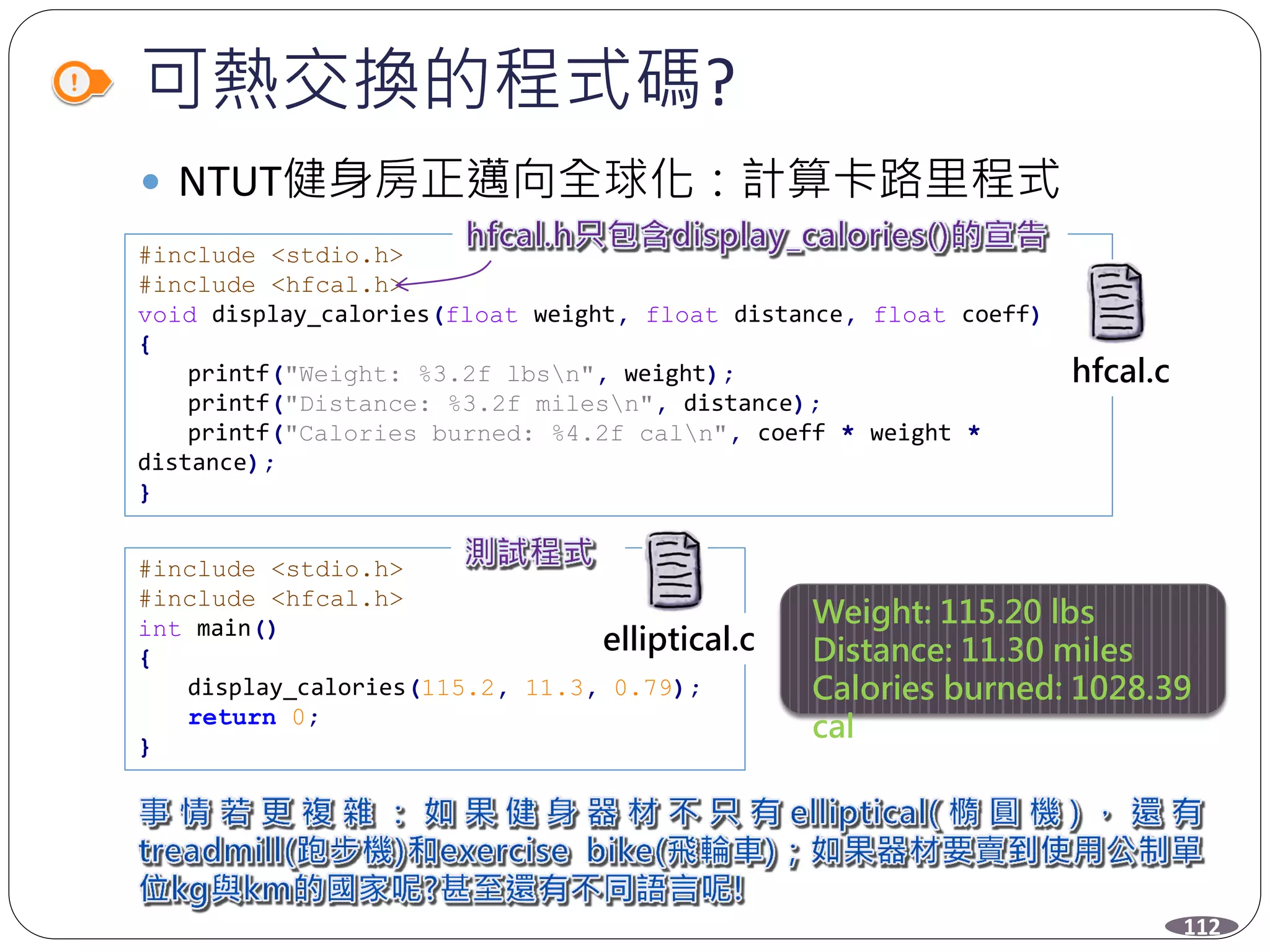 可熱交換的程式碼?
 NTUT健身房正邁向全球化：計算卡路里程式
#include <stdio.h>
#include <hfcal.h>
void display_calories(float weight, float distance, float coeff)
{
printf("Weight: %3.2f lbsn", weight);
printf("Distance: %3.2f milesn", distance);
printf("Calories burned: %4.2f caln", coeff * weight *
distance);
}
hfcal.c
#include <stdio.h>
#include <hfcal.h>
int main()
{
display_calories(115.2, 11.3, 0.79);
return 0;
}
elliptical.c
Weight: 115.20 lbs
Distance: 11.30 miles
Calories burned: 1028.39
cal
112
 