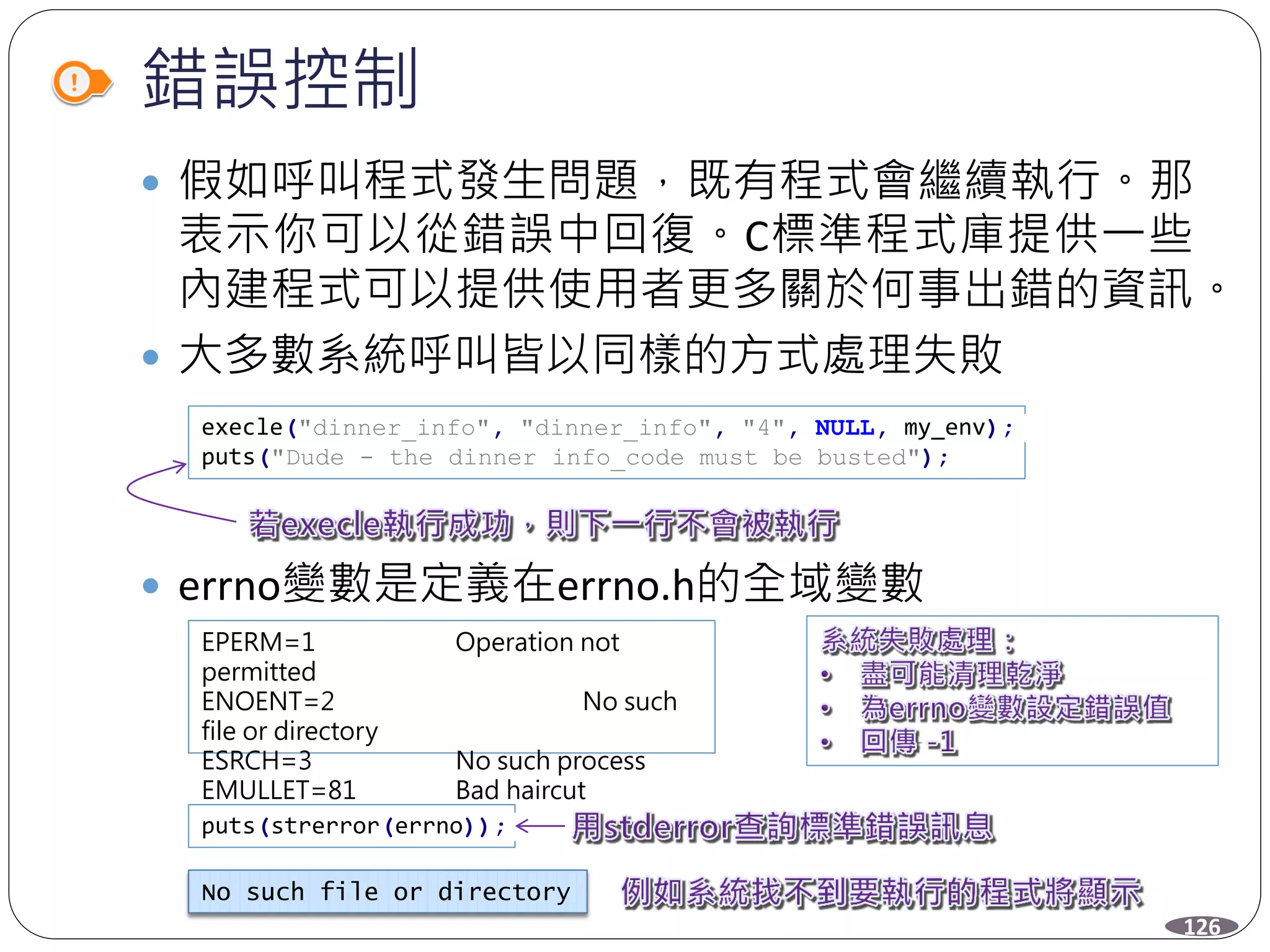錯誤控制
 假如呼叫程式發生問題，既有程式會繼續執行。那
表示你可以從錯誤中回復。C標準程式庫提供一些
內建程式可以提供使用者更多關於何事出錯的資訊。
 大多數系統呼叫皆以同樣的方式處理失敗
 errno變數是定義在errno.h的全域變數
execle("dinner_info", "dinner_info", "4", NULL, my_env);
puts("Dude - the dinner info_code must be busted");
puts(strerror(errno));
No such file or directory
EPERM=1 Operation not
permitted
ENOENT=2 No such
file or directory
ESRCH=3 No such process
EMULLET=81 Bad haircut
126
 