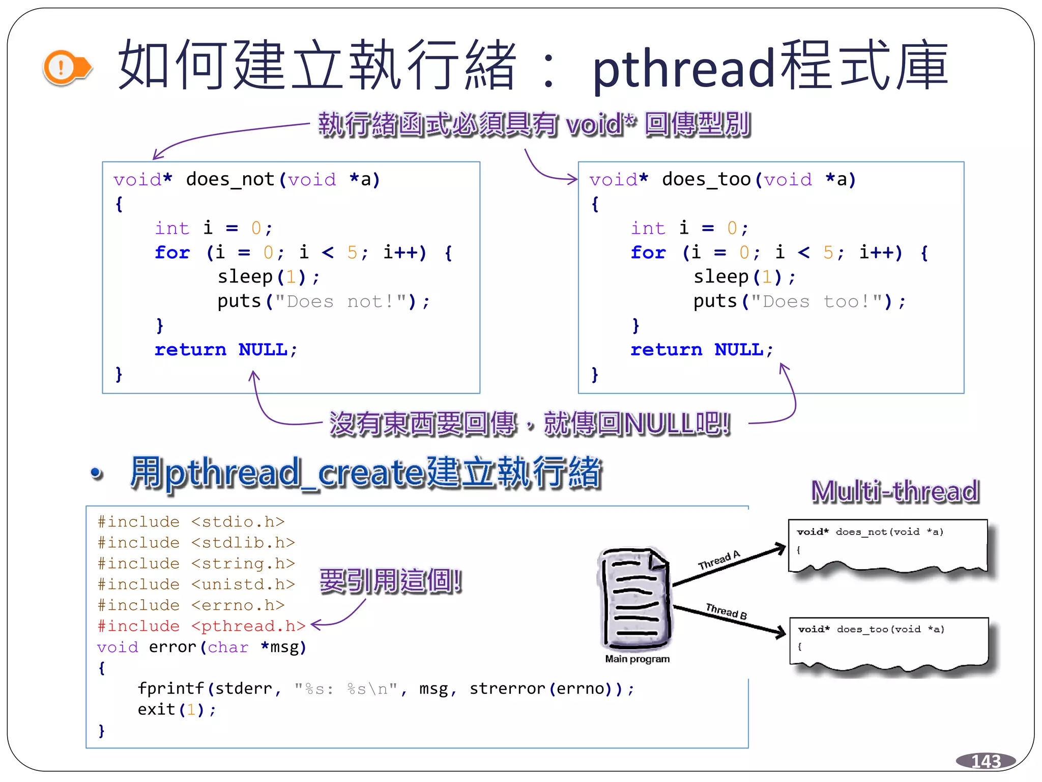 如何建立執行緒： pthread程式庫
void* does_not(void *a)
{
int i = 0;
for (i = 0; i < 5; i++) {
sleep(1);
puts("Does not!");
}
return NULL;
}
void* does_too(void *a)
{
int i = 0;
for (i = 0; i < 5; i++) {
sleep(1);
puts("Does too!");
}
return NULL;
}
143
#include <stdio.h>
#include <stdlib.h>
#include <string.h>
#include <unistd.h>
#include <errno.h>
#include <pthread.h>
void error(char *msg)
{
fprintf(stderr, "%s: %sn", msg, strerror(errno));
exit(1);
}
 