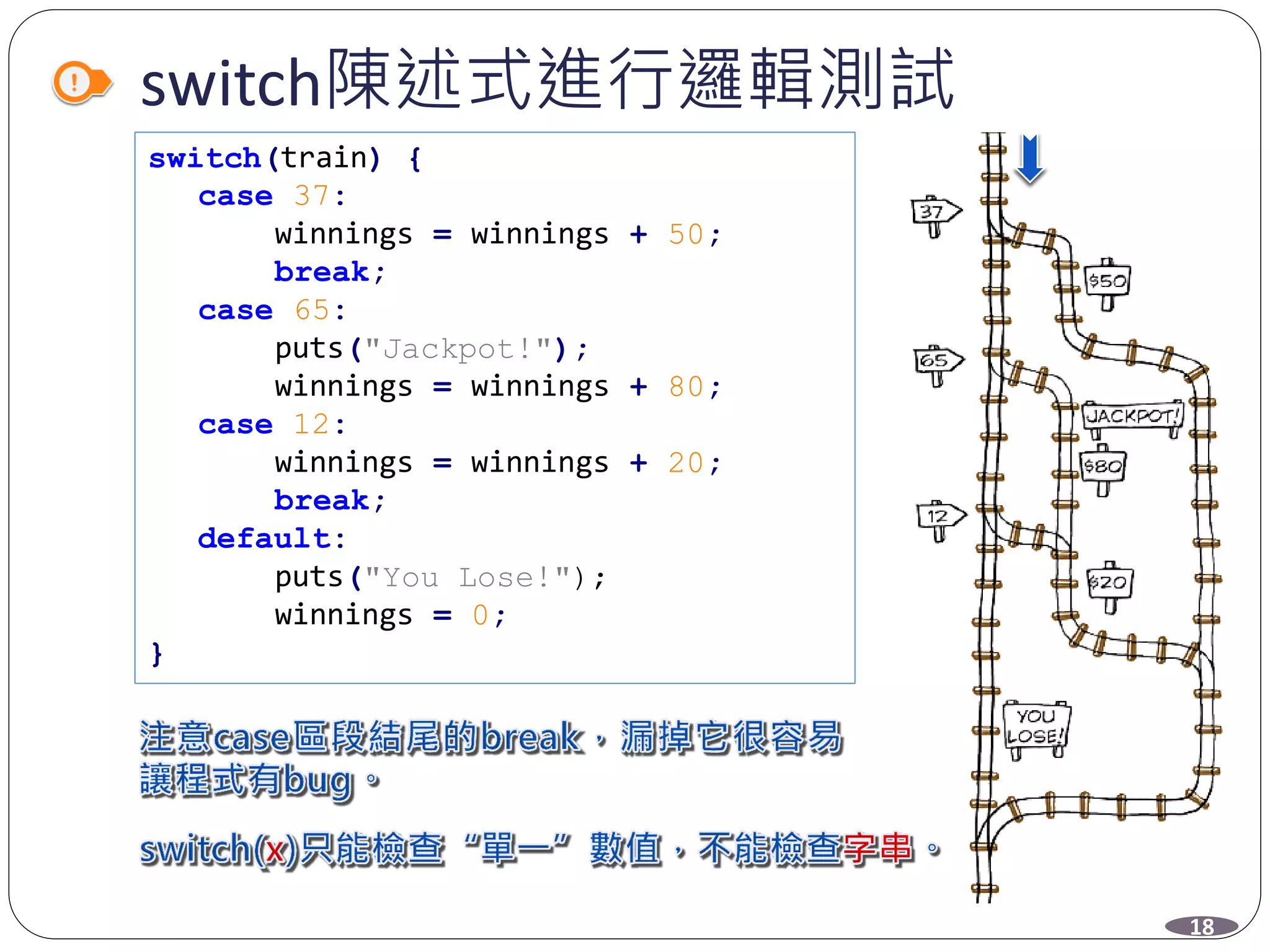switch陳述式進行邏輯測試
switch(train) {
case 37:
winnings = winnings + 50;
break;
case 65:
puts("Jackpot!");
winnings = winnings + 80;
case 12:
winnings = winnings + 20;
break;
default:
puts("You Lose!");
winnings = 0;
}
18
 