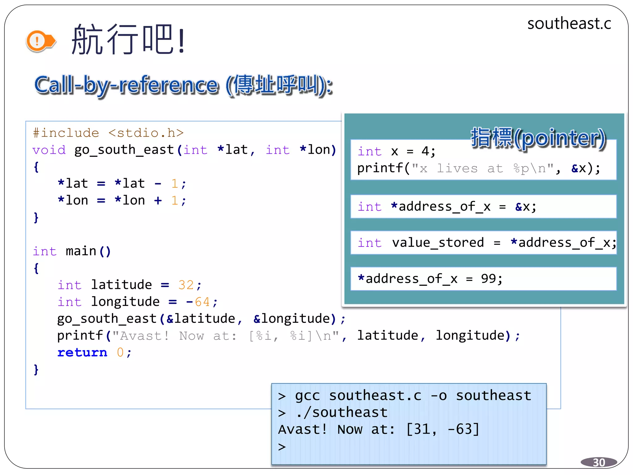 #include <stdio.h>
void go_south_east(int *lat, int *lon)
{
*lat = *lat - 1;
*lon = *lon + 1;
}
int main()
{
int latitude = 32;
int longitude = -64;
go_south_east(&latitude, &longitude);
printf("Avast! Now at: [%i, %i]n", latitude, longitude);
return 0;
}
航行吧!
int x = 4;
printf("x lives at %pn", &x);
int *address_of_x = &x;
int value_stored = *address_of_x;
*address_of_x = 99;
> gcc southeast.c -o southeast
> ./southeast
Avast! Now at: [31, -63]
>
30
southeast.c
 