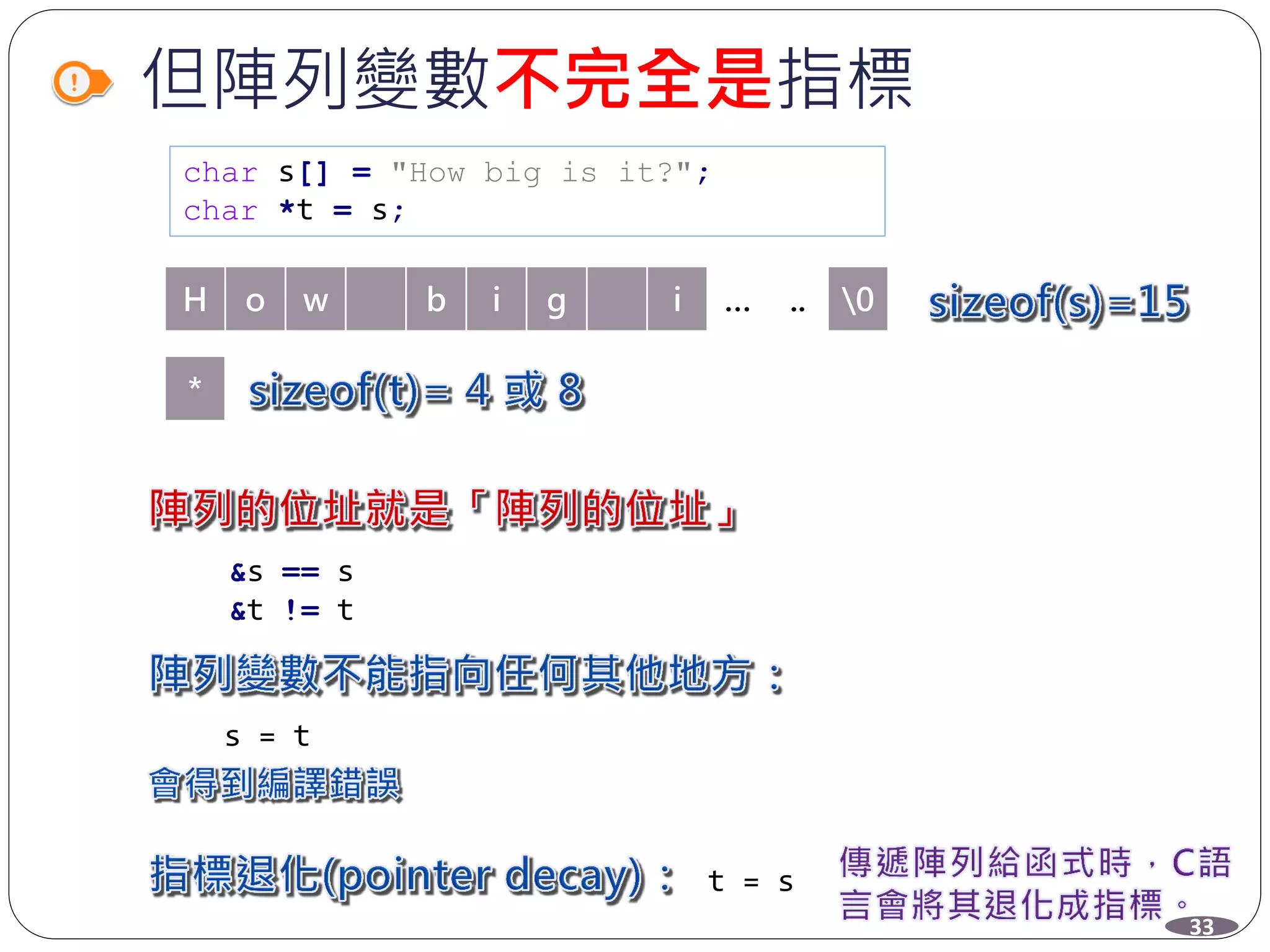 但陣列變數不完全是指標
char s[] = "How big is it?";
char *t = s;
H o w b i g i … .. 0
*
&s == s
&t != t
s = t
t = s
33
 