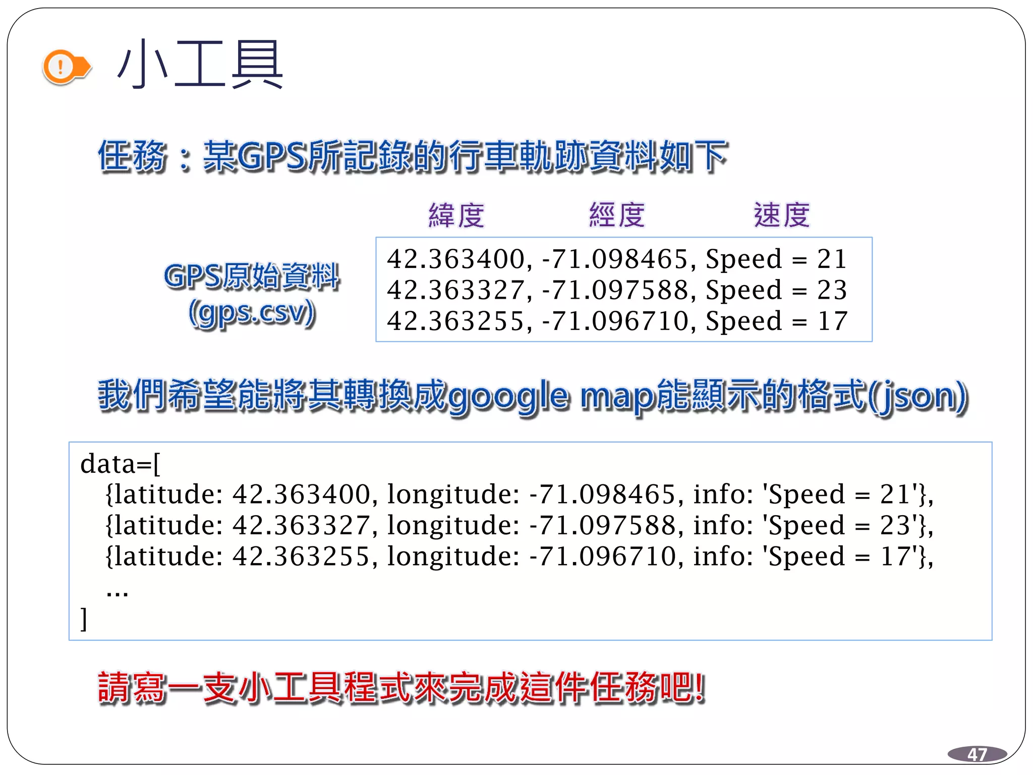 小工具
42.363400, -71.098465, Speed = 21
42.363327, -71.097588, Speed = 23
42.363255, -71.096710, Speed = 17
data=[
{latitude: 42.363400, longitude: -71.098465, info: 'Speed = 21'},
{latitude: 42.363327, longitude: -71.097588, info: 'Speed = 23'},
{latitude: 42.363255, longitude: -71.096710, info: 'Speed = 17'},
...
]
47
 