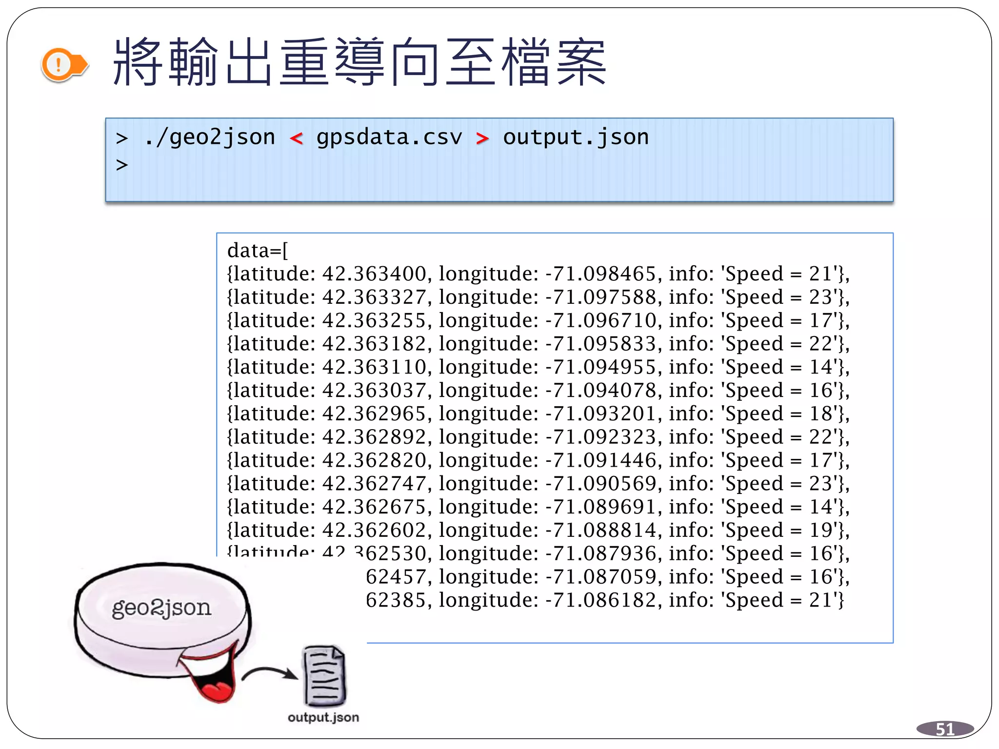 將輸出重導向至檔案
data=[
{latitude: 42.363400, longitude: -71.098465, info: 'Speed = 21'},
{latitude: 42.363327, longitude: -71.097588, info: 'Speed = 23'},
{latitude: 42.363255, longitude: -71.096710, info: 'Speed = 17'},
{latitude: 42.363182, longitude: -71.095833, info: 'Speed = 22'},
{latitude: 42.363110, longitude: -71.094955, info: 'Speed = 14'},
{latitude: 42.363037, longitude: -71.094078, info: 'Speed = 16'},
{latitude: 42.362965, longitude: -71.093201, info: 'Speed = 18'},
{latitude: 42.362892, longitude: -71.092323, info: 'Speed = 22'},
{latitude: 42.362820, longitude: -71.091446, info: 'Speed = 17'},
{latitude: 42.362747, longitude: -71.090569, info: 'Speed = 23'},
{latitude: 42.362675, longitude: -71.089691, info: 'Speed = 14'},
{latitude: 42.362602, longitude: -71.088814, info: 'Speed = 19'},
{latitude: 42.362530, longitude: -71.087936, info: 'Speed = 16'},
{latitude: 42.362457, longitude: -71.087059, info: 'Speed = 16'},
{latitude: 42.362385, longitude: -71.086182, info: 'Speed = 21'}
]
> ./geo2json < gpsdata.csv > output.json
>
51
 