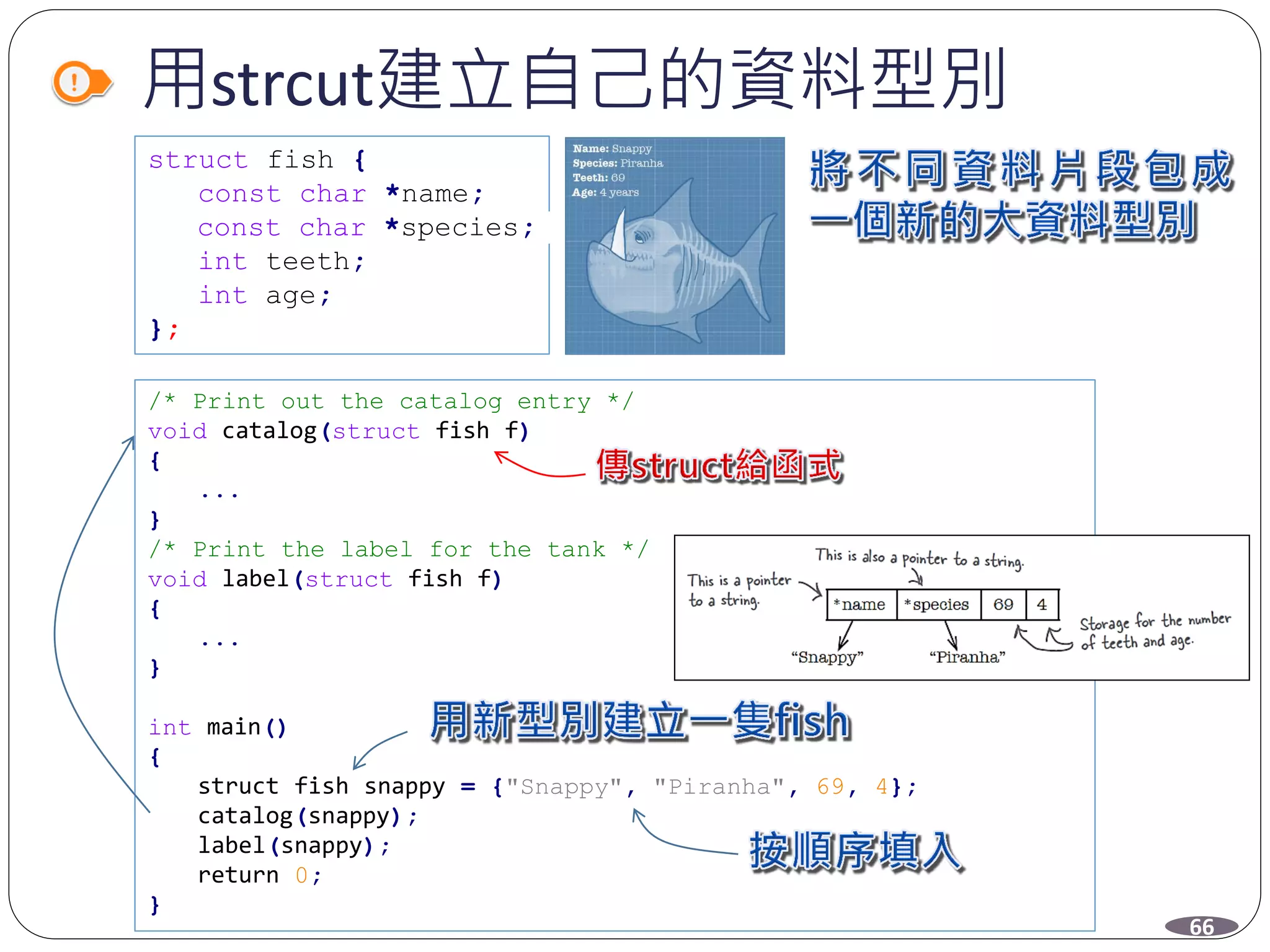 用strcut建立自己的資料型別
struct fish {
const char *name;
const char *species;
int teeth;
int age;
};
/* Print out the catalog entry */
void catalog(struct fish f)
{
...
}
/* Print the label for the tank */
void label(struct fish f)
{
...
}
int main()
{
struct fish snappy = {"Snappy", "Piranha", 69, 4};
catalog(snappy);
label(snappy);
return 0;
}
66
 